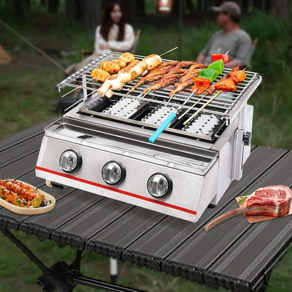3 Burners Portable Gas Grill with Griddle Independent Ignition Propane Gril, Outdoor Camping Tabletop Smokeless Stainless Steel Grill,Propane LPG Grill for Outdoor Camping Picnic, Kitchen, BBQ