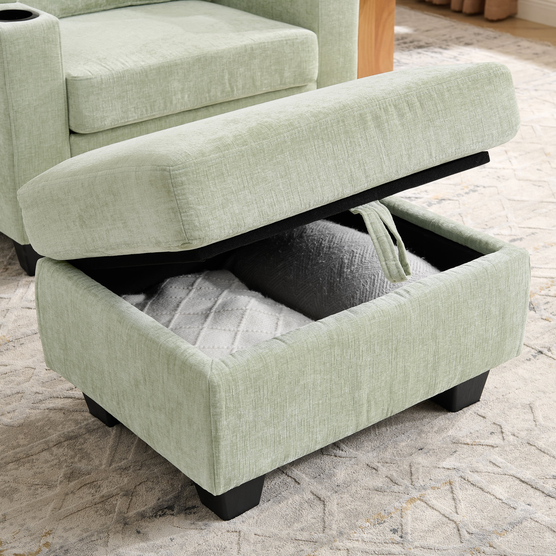 Noble House Edwin Chenille Manual Recliner Chair with Ottoman, Hidden Storage & Cup Holders, Reading Single Sofa, Cyan