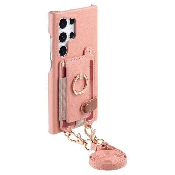 For Samsung Galaxy S25 Ultra Phone Case,With Removable Shoulder Strap,360° Rotatable Ring Kickstand,Card Holder,Anti-Scratch PU Leather Back,Rugged Shockproof Anti-fall Durable Phone Case,Pink