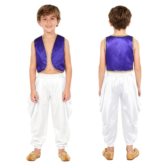 Aislor Boys Halloween Party Arabian Prince Cosplay Vest Waistcoat Top with Loose Baggy Trousers Purple White 12