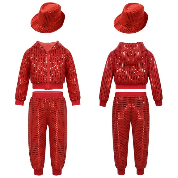 renvena Kids Girls Boys Sequin Jazz Hip Hop Dance Hooded Jacket Top with Pants and Hat Outfits Red 5-6