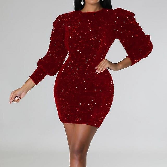 Robe de Soirée Semi-Formelle pour Femmes Robe à Sequins Moulante Mini Manches Longues Col Rond