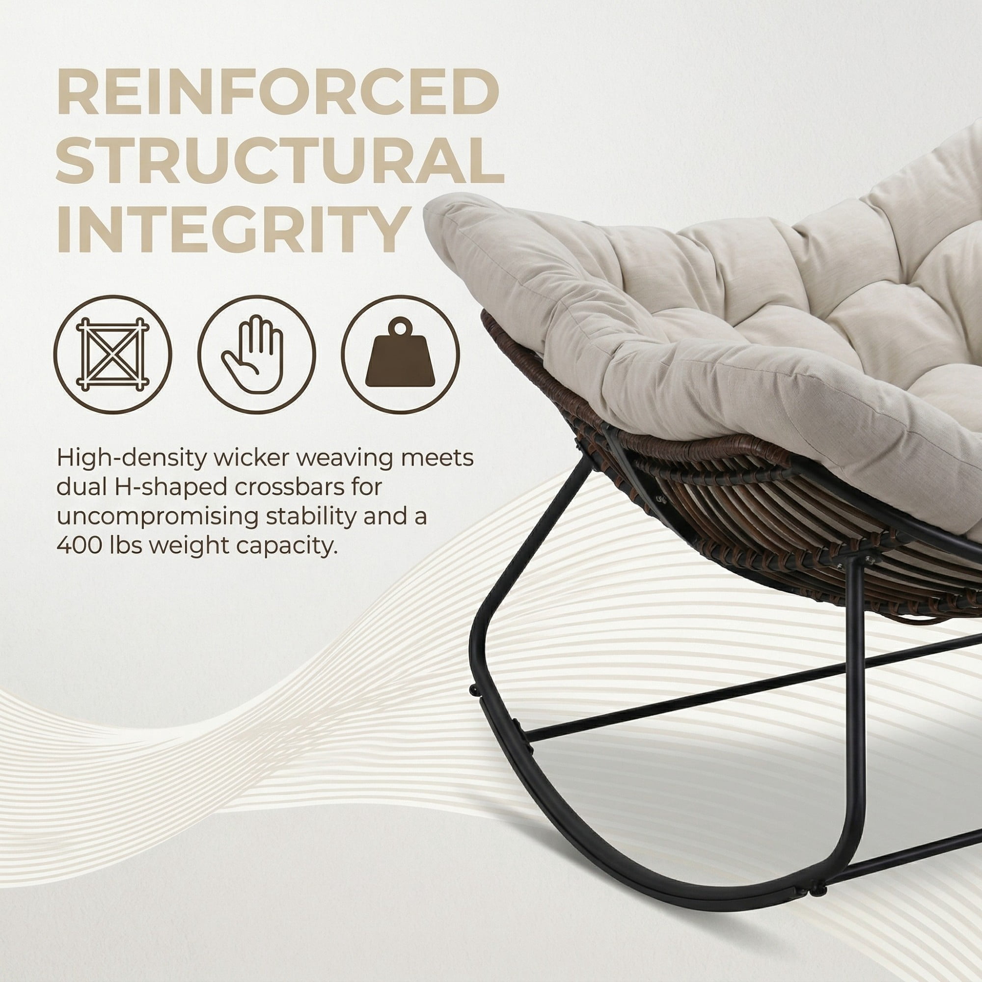 Outdoor Papasan Rocking Chair Oversized, Rattan Egg Rocker Chair with Padded Cushion, 400lbs Patio Wicker Rocking Chair for Living Room Porch Backyard, Beige