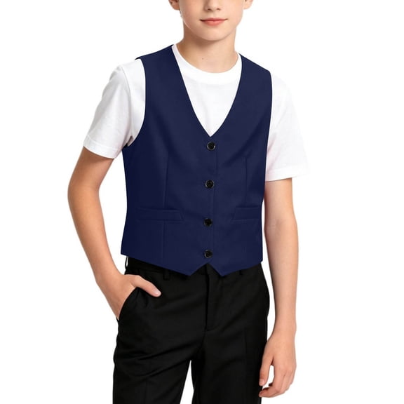 Boys' Solid Color Vest, V-Neck Button Front Sleeveless Blazer Style, Formal Casual Top for Boys, Ideal for School Events & Special Occasions, Comfortable Fit, 4-14 Years Dark Blue 11-12 Years