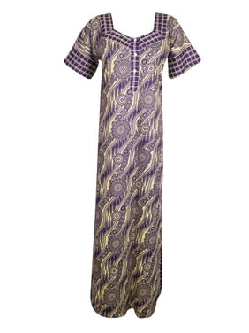 Mogul Women Purple Maxi Kaftan Dress Short Sleeves Floral Print Loose Housedress Nightwear Sleepwear Nightgown Caftan Dresses M