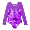 thumbnail image 4 of LiiYii Kids Girls Metallic One Piece Gymnastics Leotard Mesh Splice Long Sleeve Rhinestone Dance Unitards Purple 4, 4 of 7