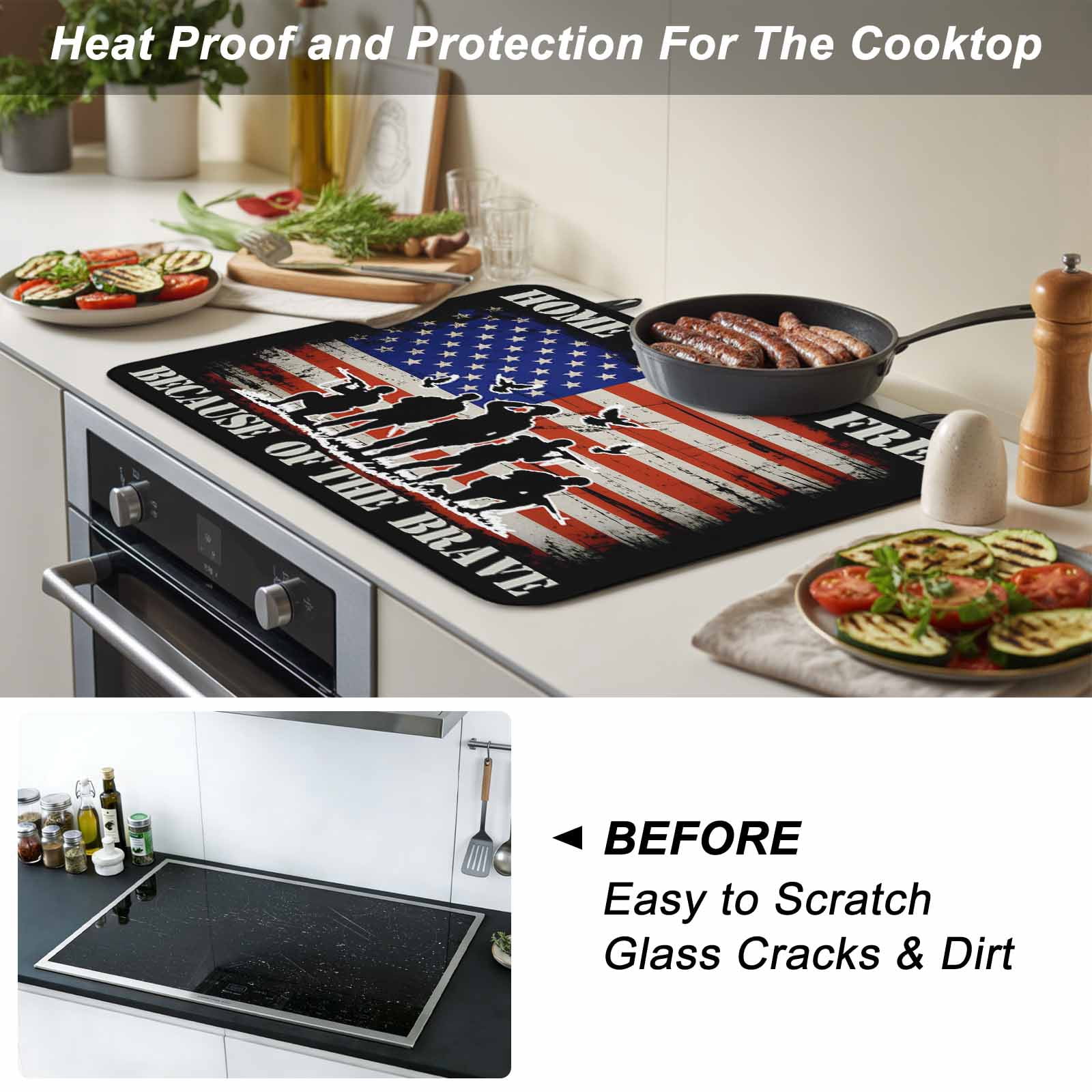 Independence Day Stove Top Cover for Electric Stove, Heat-proof & Non Slip Glass Top Stove Cover Protector, 4th of July American Flag Farmhouse Kitchen Flat Cooktop Rubber Mat 24x21 Inches