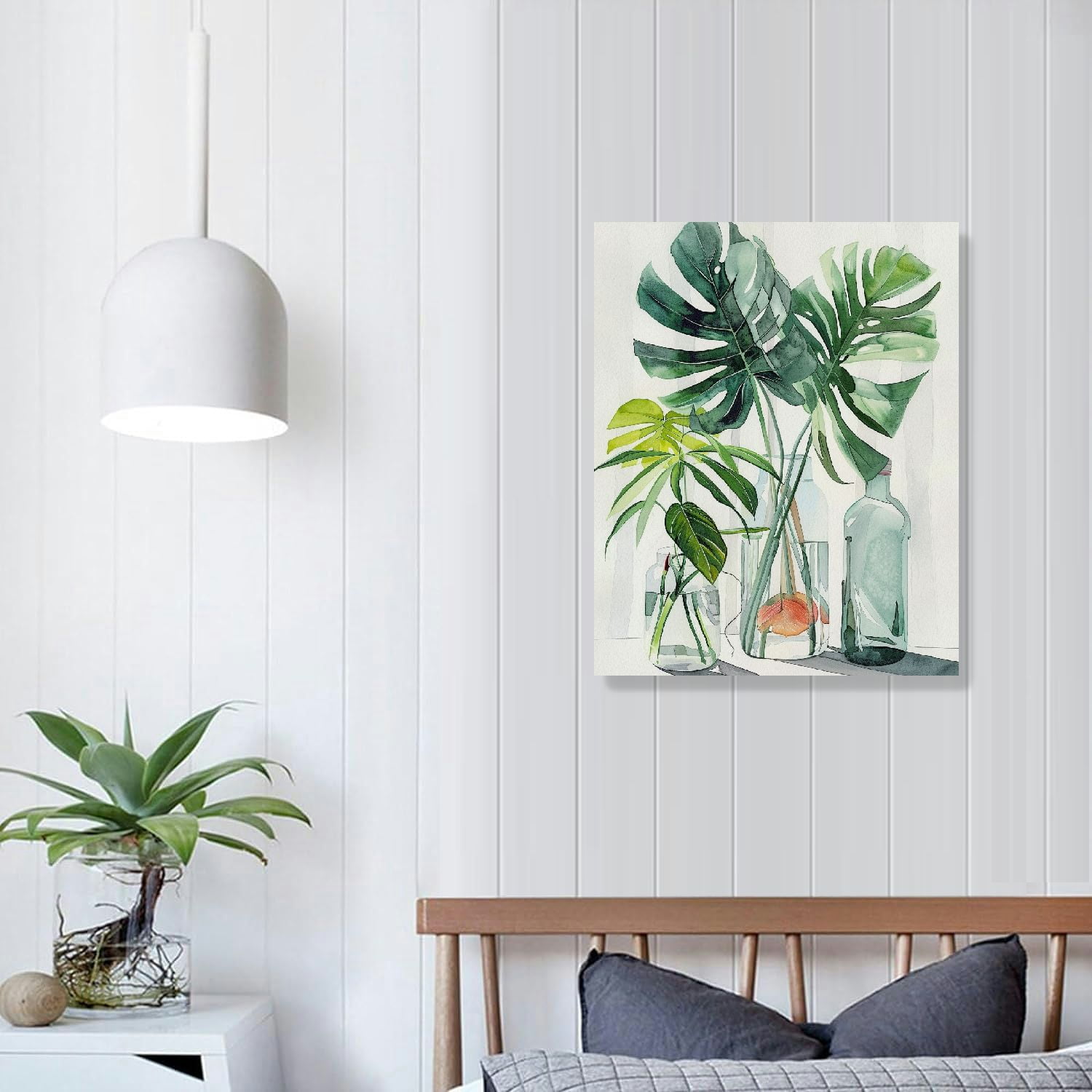 JEUXUS Botanical Bathroom Wall Art Green Leaf Tropical Plant Bathroom Wall Decor Rustic Natural Botanical Pictures Canvas Print Painting Framed Modern Home Artwork For Office Bedroom Kitchen