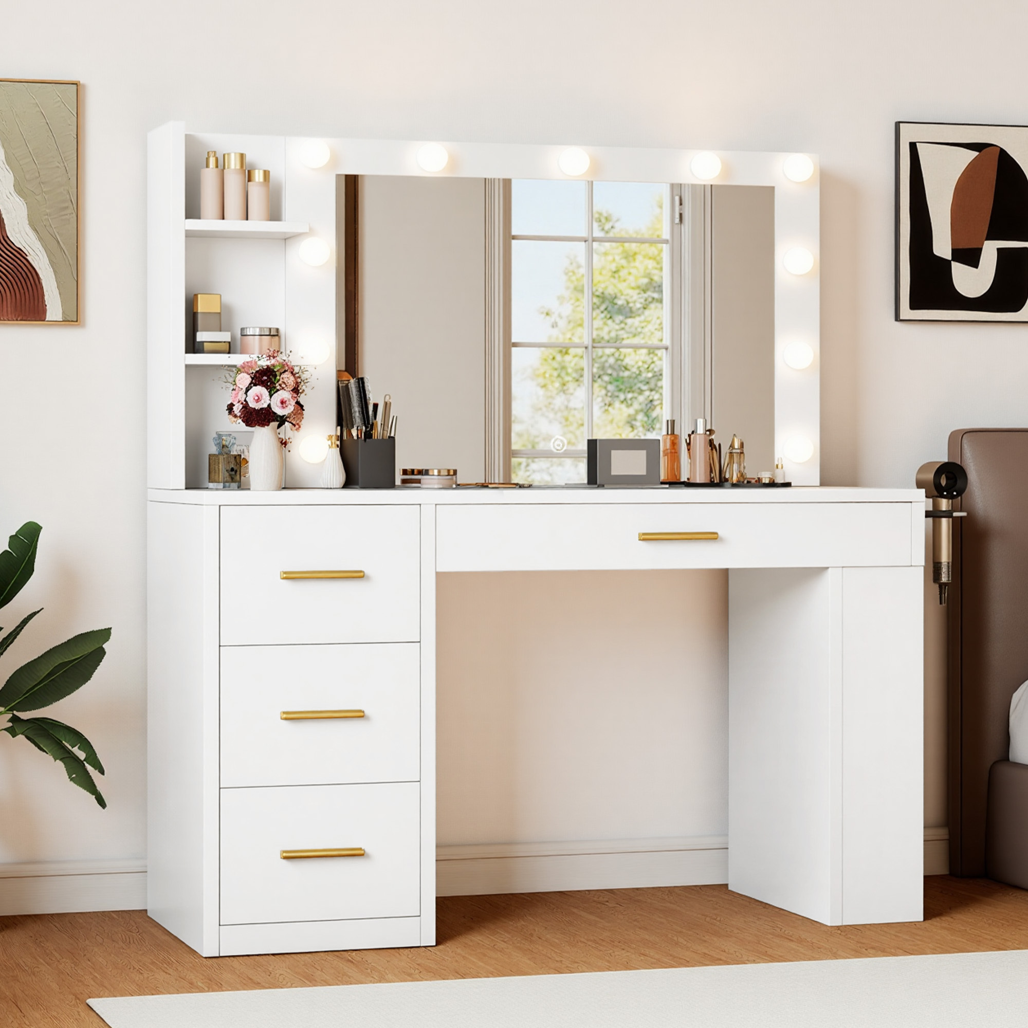 Uforic 39.5" White Farmhouse Vanity Desk with Dimmable LED Mirror, 4 Drawers, 6 Shelves, USB Charging – Dressing Table for Bedroom