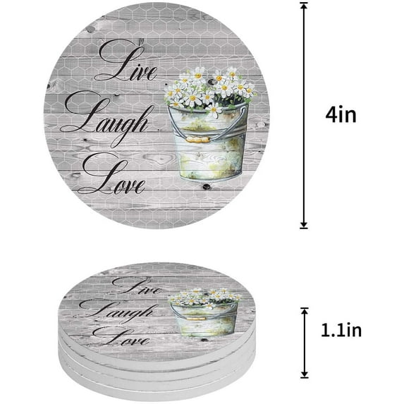 FMSHPON Live Laugh Love Daisy on Retro Wooden Board Set of 8 Round Coaster for Drinks, Absorbent Ceramic Stone Coasters Cup Mat with Cork Base for Home Kitchen Room Coffee Table Bar Decor