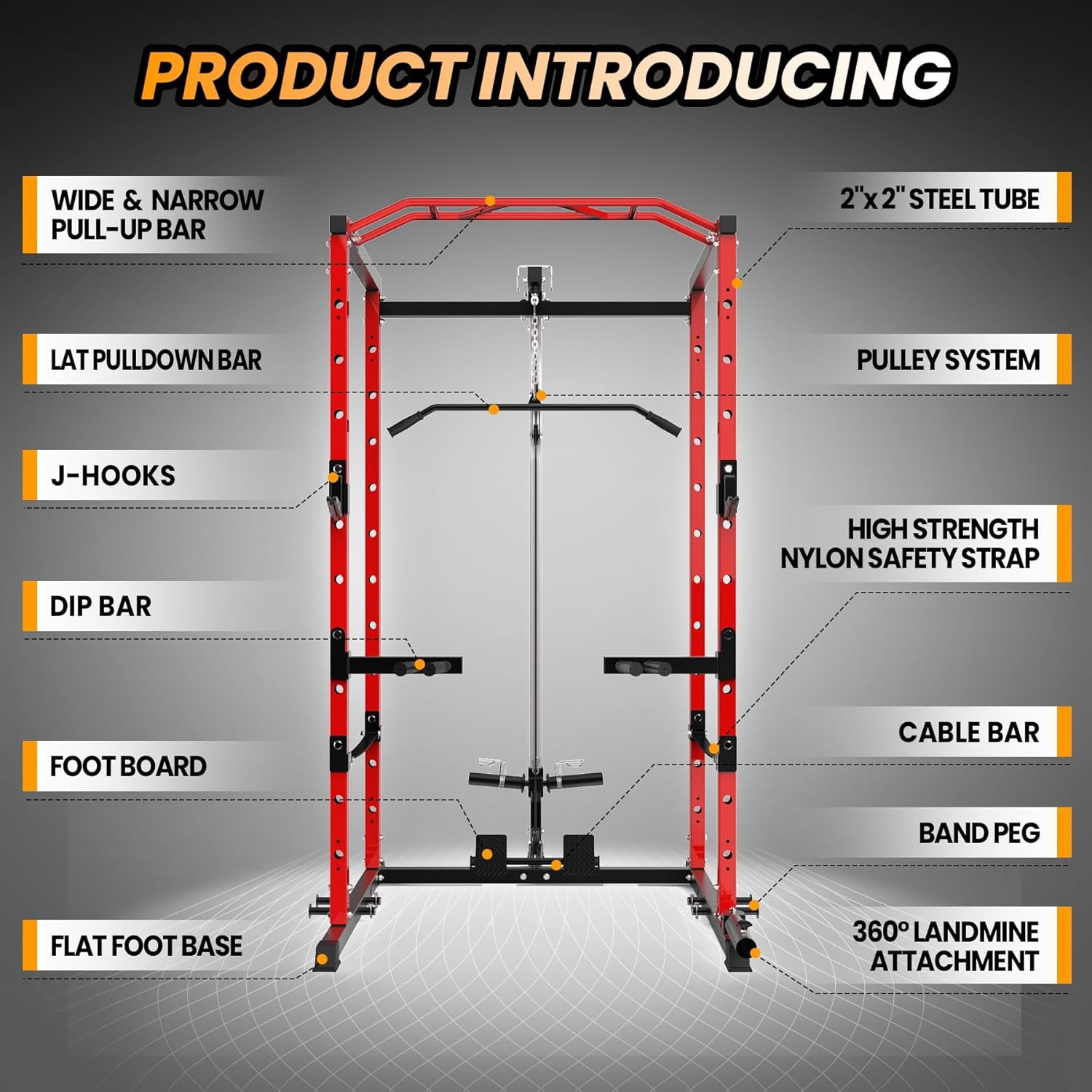 Hetoy 1600 Lbs Power Rack for Home Gym Squat Rack with Cable Pulley System & LAT Pull Down Workout Cage Strength Training Weight Cage with Dip Bar & J Hooks for Multiple Exercises,Red