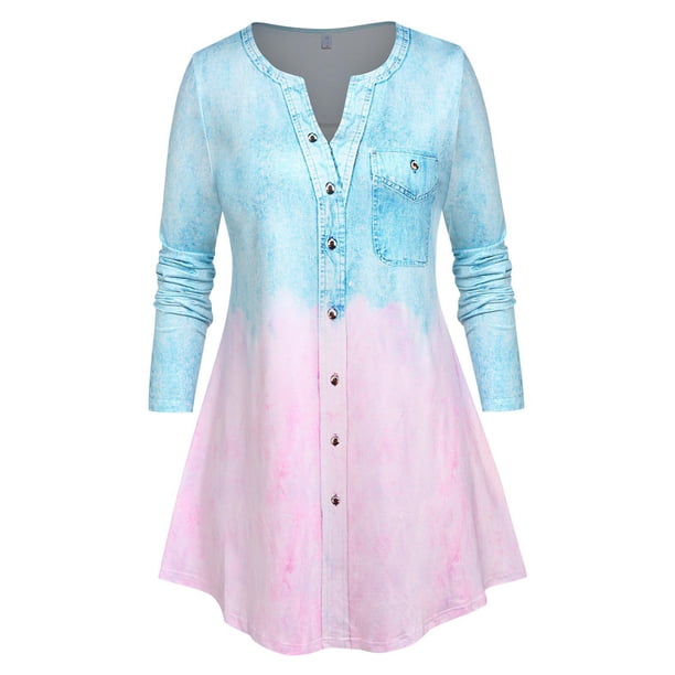 Camiseta Denim Estampado Degradado Rosegal Mangas largas de talla grande