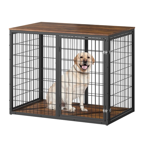 BOFANG 47" Rustic Brown Dog Crate Furniture, 3-Door Large Dog Cage End Table