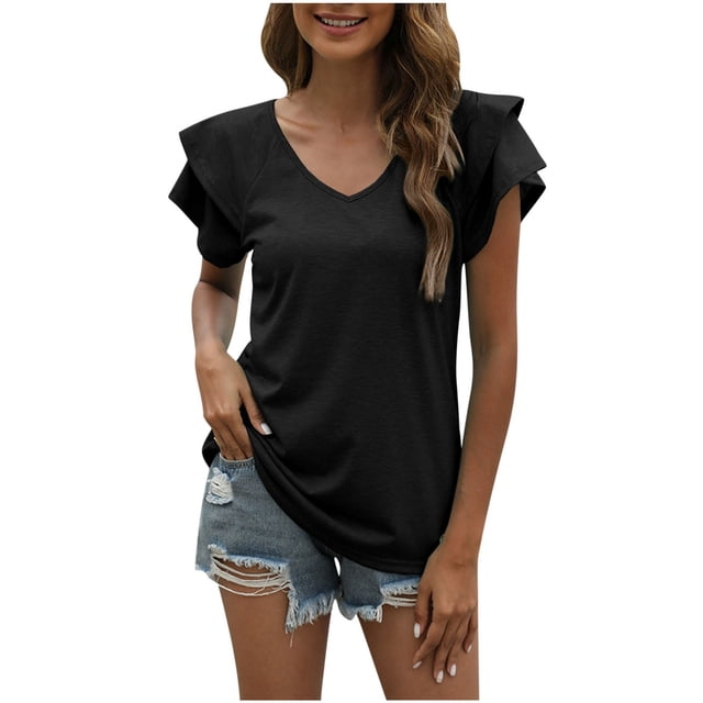 KIHOUT Blouses for Women V Neck Solid Color Short Sleeve Lapel Tops, Size S-2XL