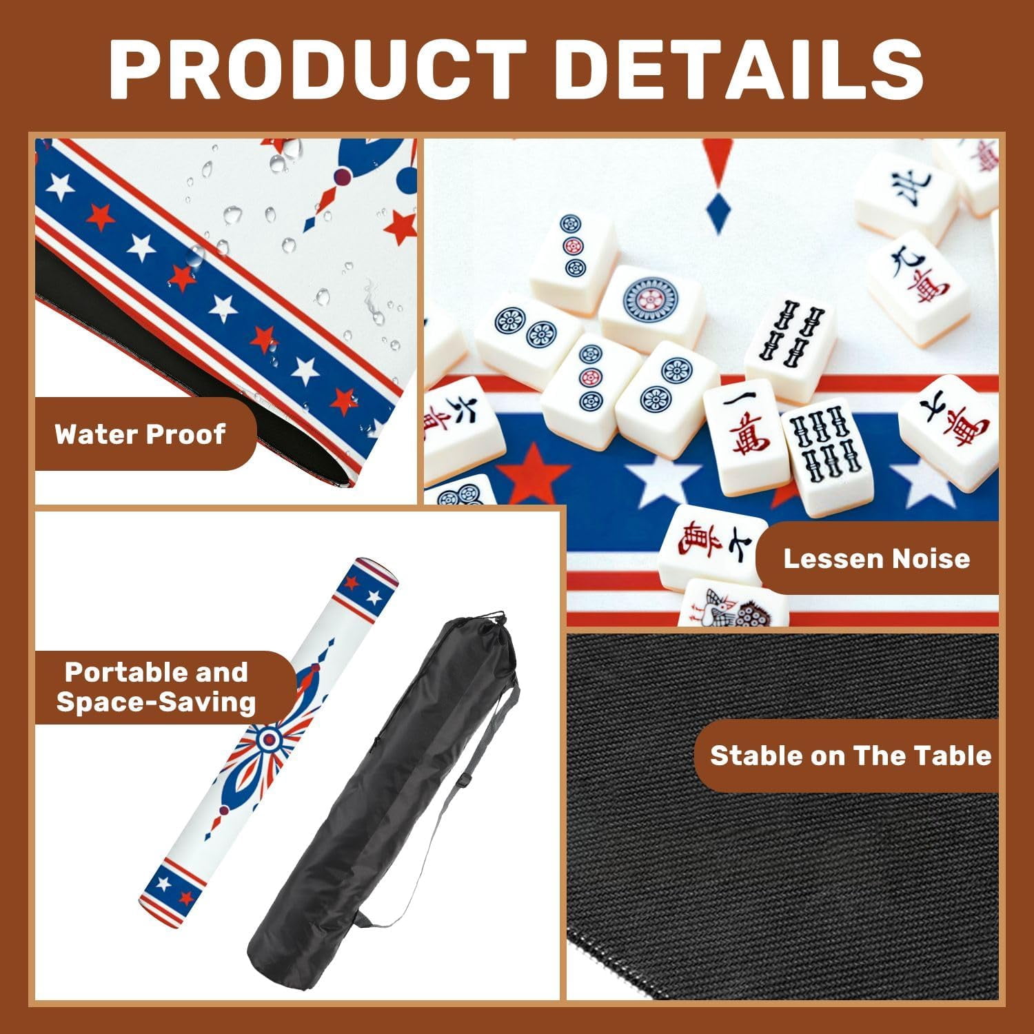 Mahjong Mat with Carrying Bag 31.5" x 31.5" Non-Slip Noise Reduction Patriotic Red White Blue Fireworks Starry Border Ribbon Bows Table Mat for Mahjong Poker Dominoes Card Board Tile Games