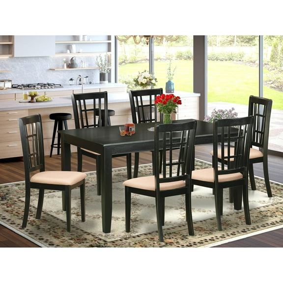 East West Furniture  7 Piece Kitchen Table Set- a Rectangle Dining Room Table and 6 Dining Chairs, Black (Seat Options) DUNI7-BLK-C