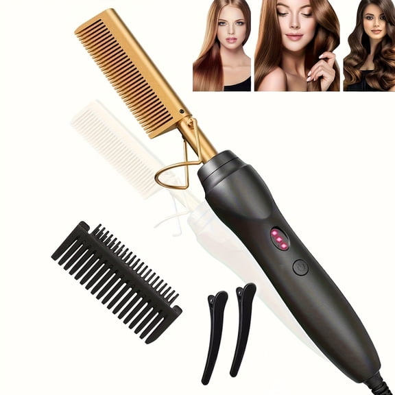 Hot Comb Hair Straightener Portable Ceramic Curler, Copper Hot Comb Heat Press Curl/ Straight Hair Styling Brush for Hair Beard Wig Wet and Dry Hair Styling Tools