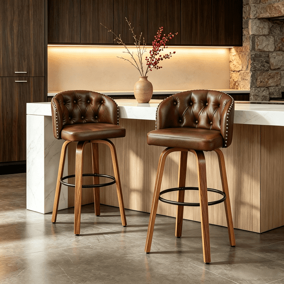 Fahomiss 26" Swivel Bar Stools Set of 2, Modern Counter Height Faux Leather Bar Stools Chairs, Upholstered Bar and Kitchen Stools with Wood Legs & Soft Back, Brown