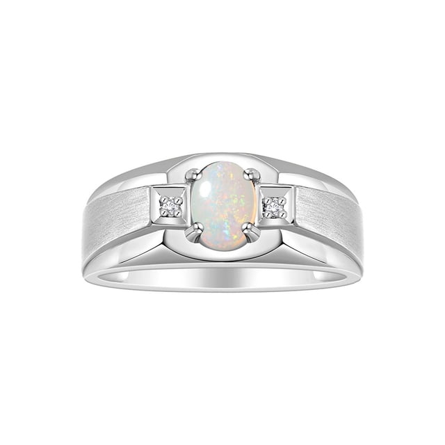 RYLOS Men's Rings 14K White Gold Classic 7X5MM Oval Gemstone & Diamond Designer Ring Opal October Birthstone Rings For Men, Gold Rings Size 11