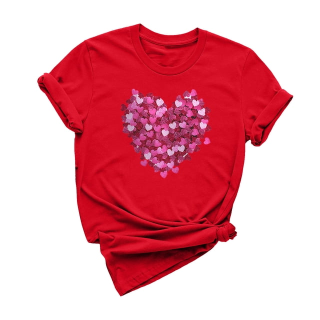 Dealovy T-Shirts pour Femmes Manches Courtes Col Rond Mignon Cœur Imprimé Couleur Unie Décontracté Été T-Shirts Unis