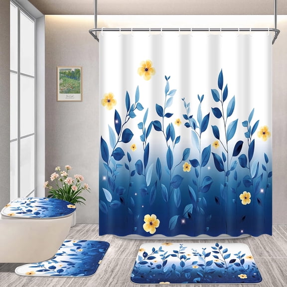 FRAMICS 16-Piece Ombre Floral Shower Curtain Sets with Rugs, Blue Eucalyptus Leaves Bathroom Sets, Waterproof Fabric Bathroom Curtain Decor with Hooks