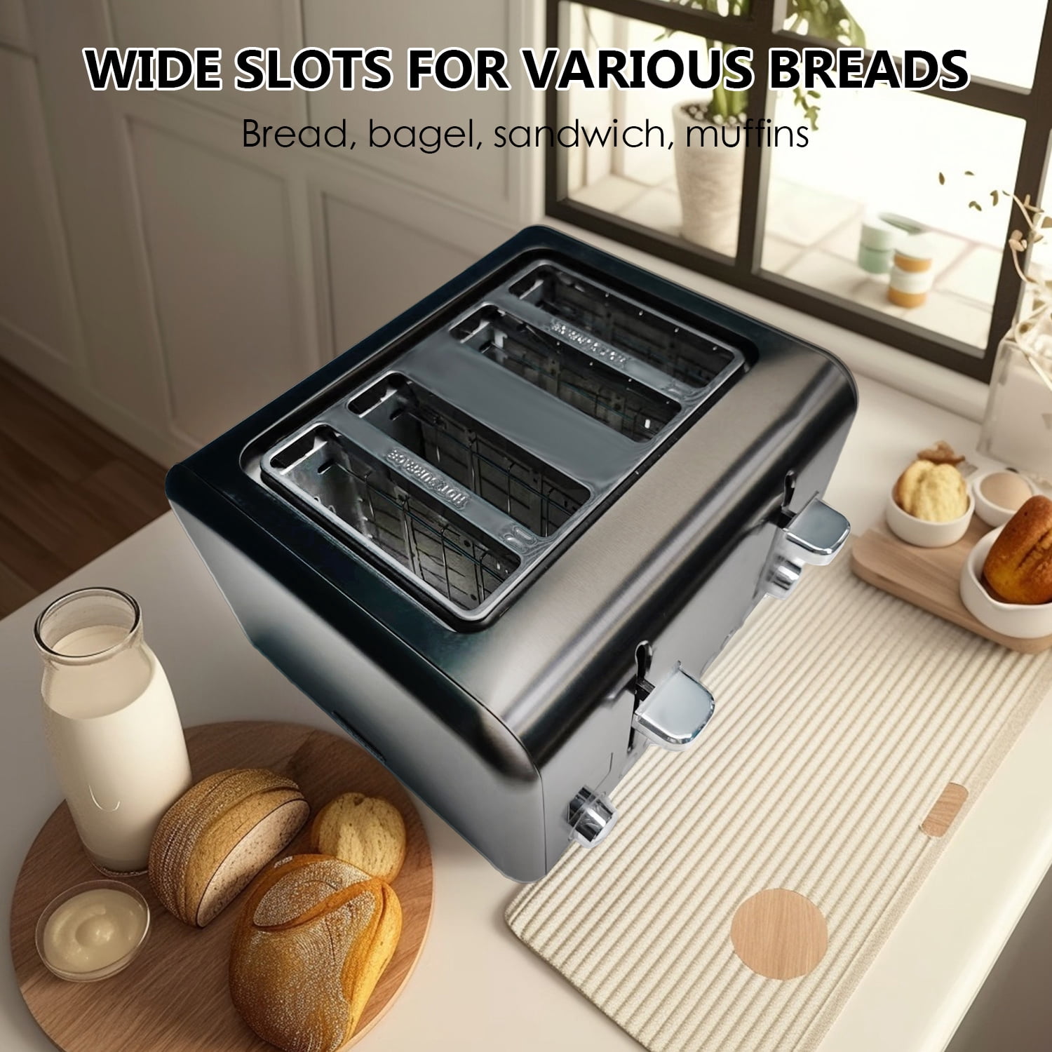 SEEDEEM 4 Slice Stainless Toaster with LCD Display, 7 Shade Settings, Wide Slots, Bagel/Defrost/Reheat Functions, Removable Crumb Tray, 1800W