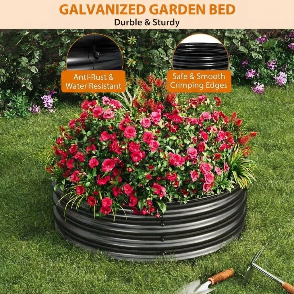 2 Pack 2x2x1ft Round Galvanized Steel Raised Garden Bed, Rust-Resistant Planter with Safe Rubber Edges, Quick Assembly for Vegetables & Outdoor Landscaping, Black