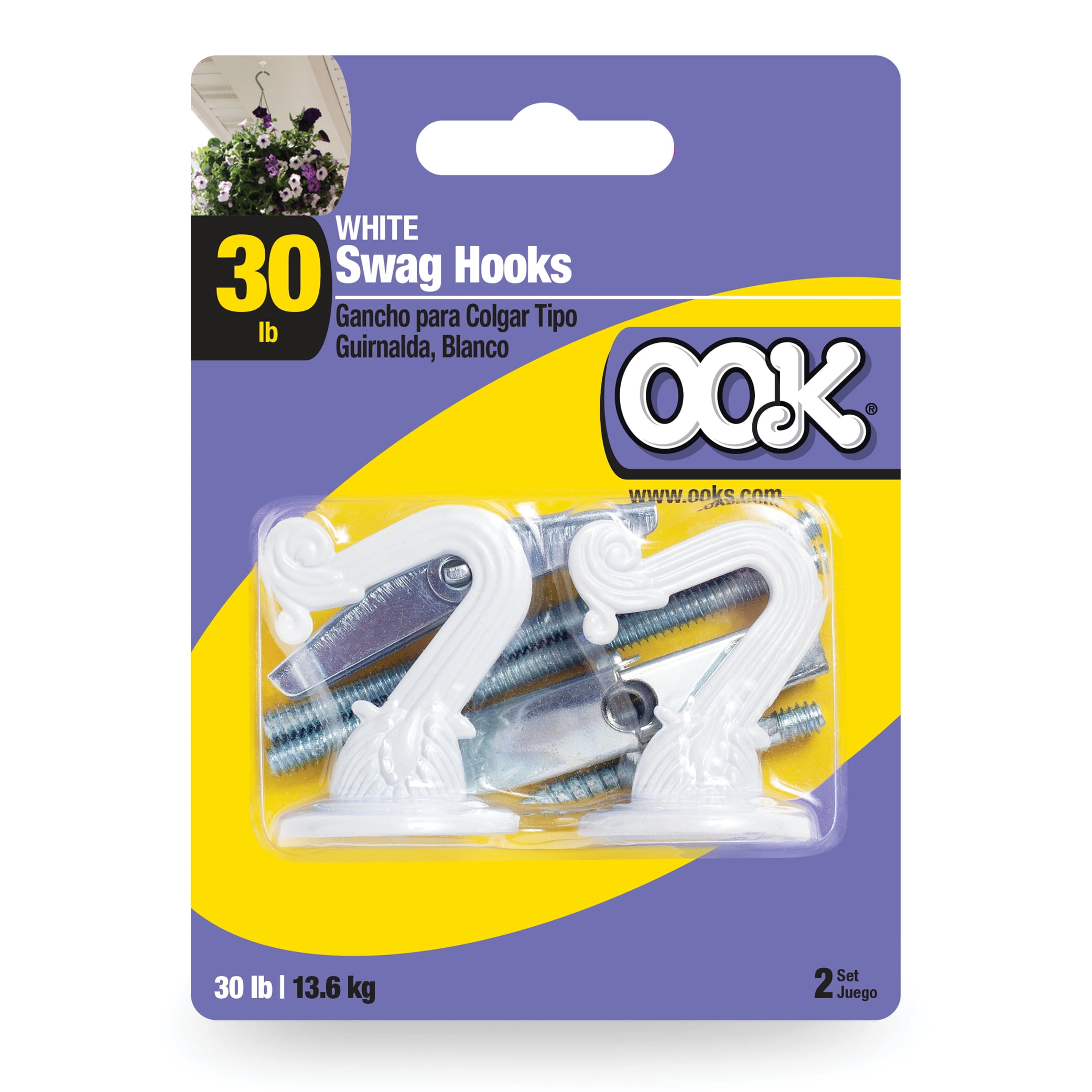 Ook Jumbo Swag Hook, Screw Hook 30 lbs, Steel, White, for Drywall