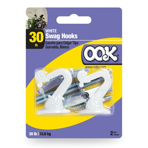 Ook Swag Hook, Screw Hook Small, 30 lbs, Steel, White, White, 2 pack