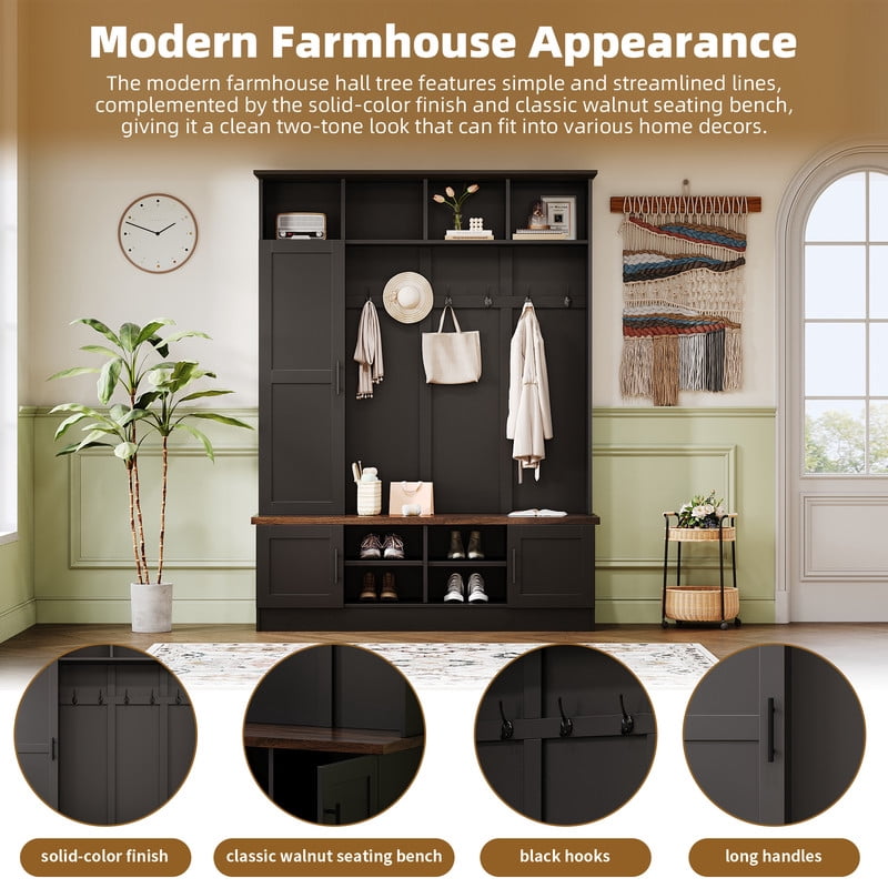Farmhouse 3-in-1 Hall Tree with 6 Hooks, Versatile Storage Bench with Cabinets and Open Compartments, Entryway Coat Rack