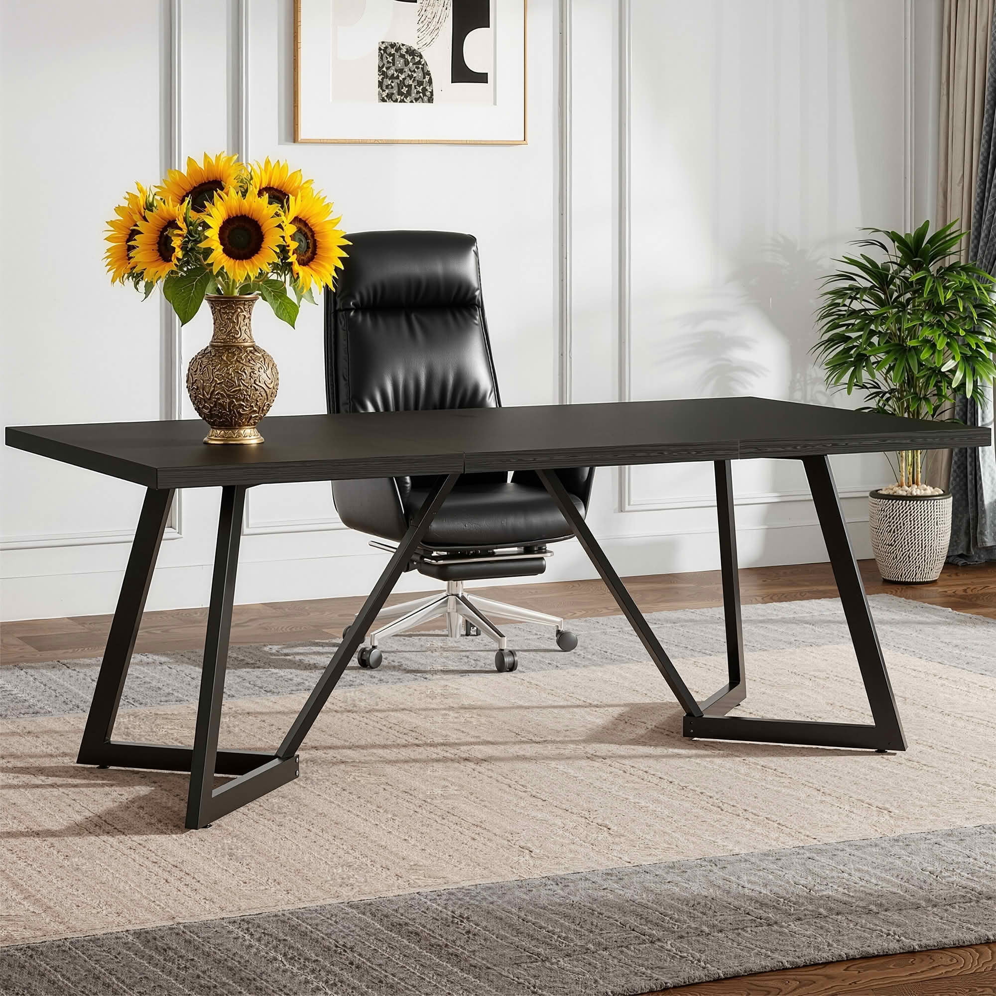 MAYEERTY 70.8 Inch Black Brown Wood Grain Dining Table, MDF Metal Leg Rectangular Table Seats 6-8 Home Café Office