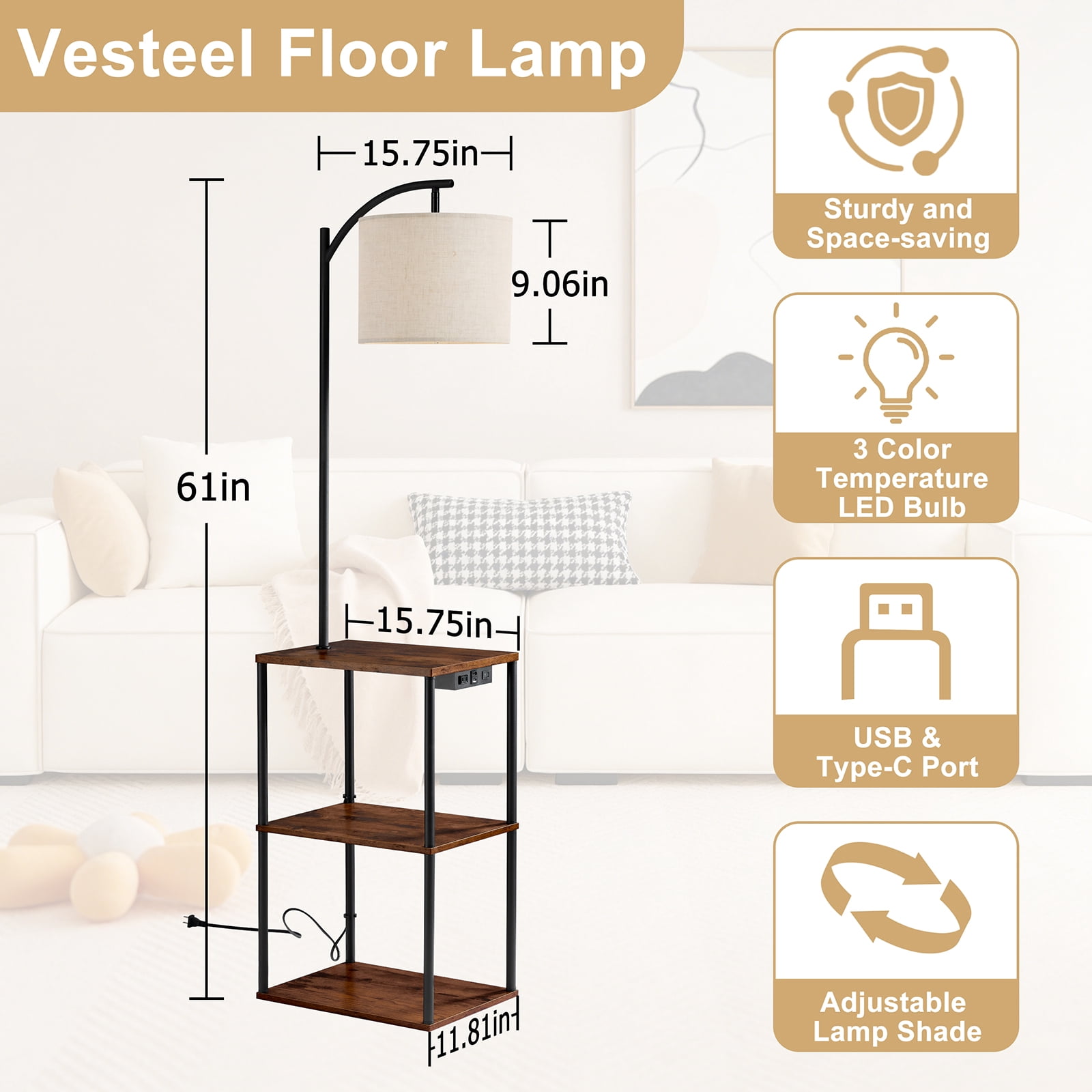 Vesteel Floor Lamp with Table, End Table with Charging Station(USB & Type-C & AC Port), Shelves Side Table with 3 Color Temperature LED Bulb, Nightstand Lamp for Living Room, Bedroom