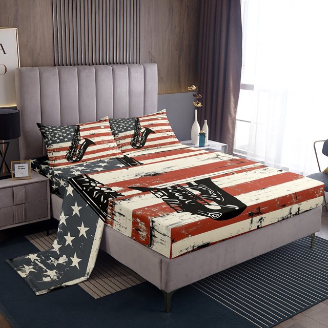 Saxophone Queen Bed Sheets Set,Vintage American Flag Sheet Set,Retro Classical Music Flat Fitted Sheet Musical Instrument Decor,Rustic Farmhouse Sheets For Adults Women Men