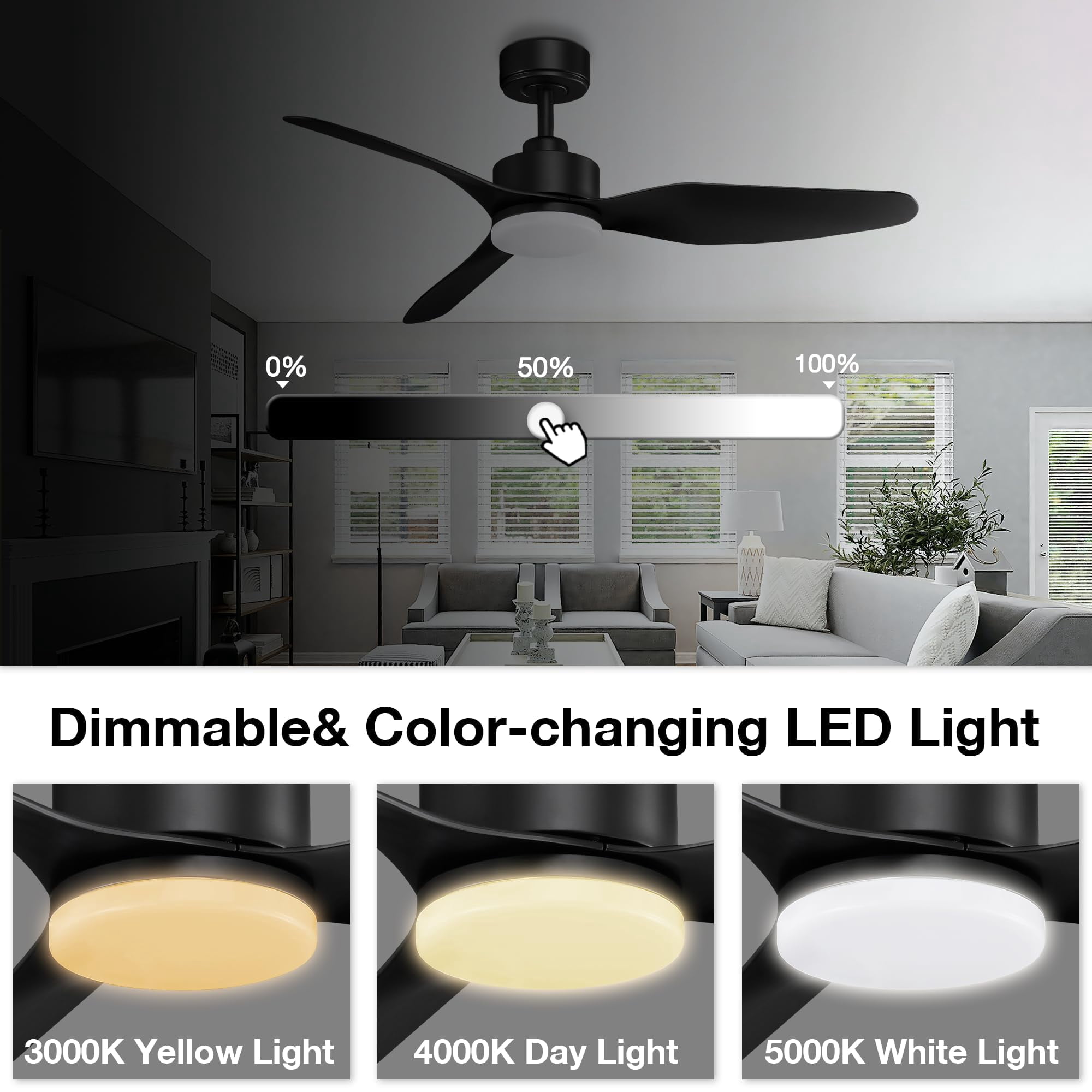 48" Smart Ceiling Fans with LED Lights Remote,Quiet DC Motor,Dimmable,Outdoor Indoor Modern Ceiling Fan Controlled by WIFI Alexa App,3 Black Blades for Bedroom Living Room Patio Porch