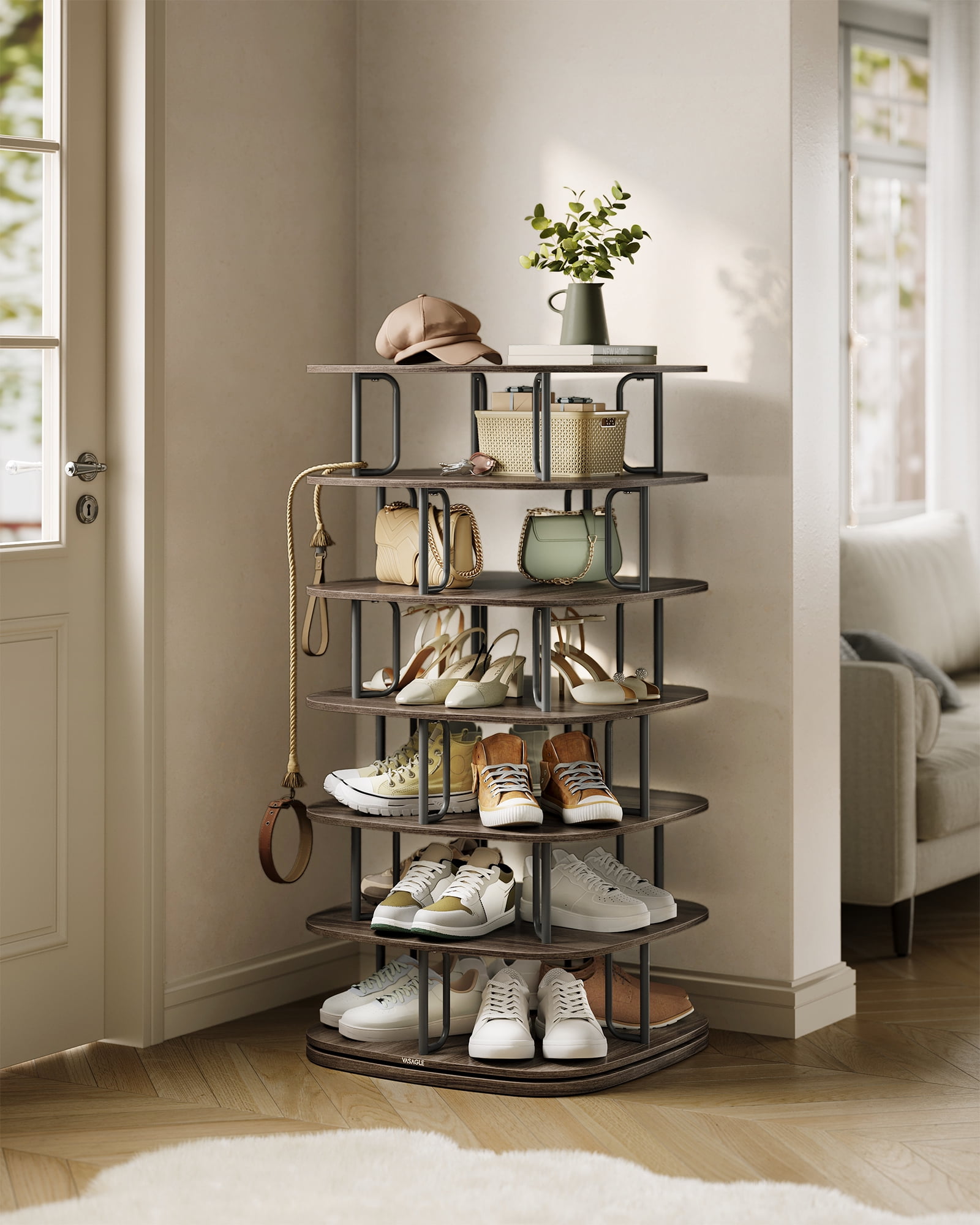 7-Tier Rotating Shoe Rack, 360° Spinning Shoe Organizer Tower for 28-35 Pairs, Sturdy Shoe Shelf for Entryway