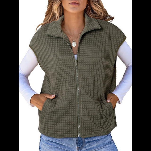 Chalecos de Mujer con Cremallera, Mangas , Bolsillos Laterales, Tejido Gofre, Sin Mangas, Chalecos Extragrandes. Verde L