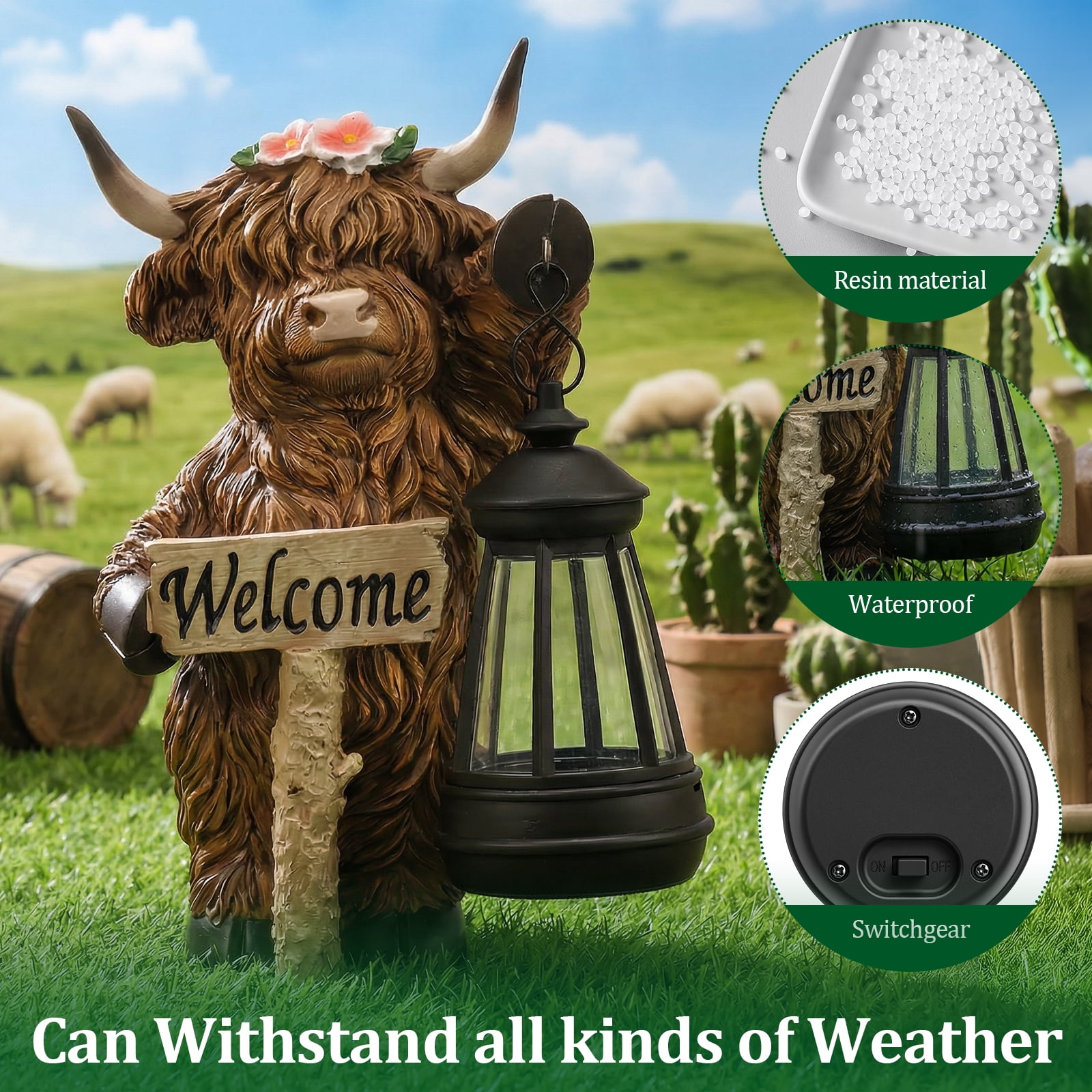 Threns Solar Highland Cow Garden Outdoor Statue,Highland Cow Figurines Sculpture with Light,Patio Balcony Yard for Pasture,Farm Theme Housewarming Gifts for Women Mom