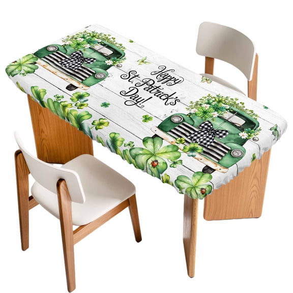 St. Patrick's Day Table Cloths for 5 Foot Rectangle Tables, Green Truck Clovers Floral Butterfly Wood Patio Waterproof Elastic Fitted Tablecloths, Washable Rectangular Table Cover for Camping