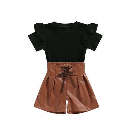 

Frobukio Kids Toddler Girls Shorts Sets Short Sleeve Crew Neck T-shirt Lacing Faux Leather Shorts Summer Casual Outfits Black 6-12 Months