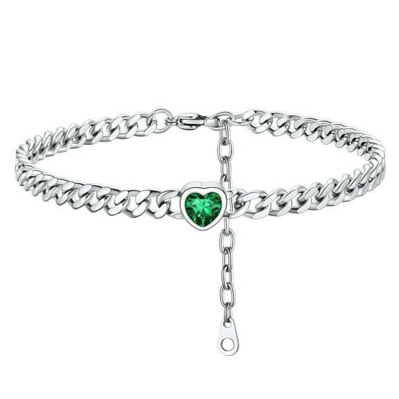 ChainsHouse Heart Shaped Birthstone Ankle Bracelets for Women Silver Waterproof Anklets Stainless Steel Jewelry Gift, May