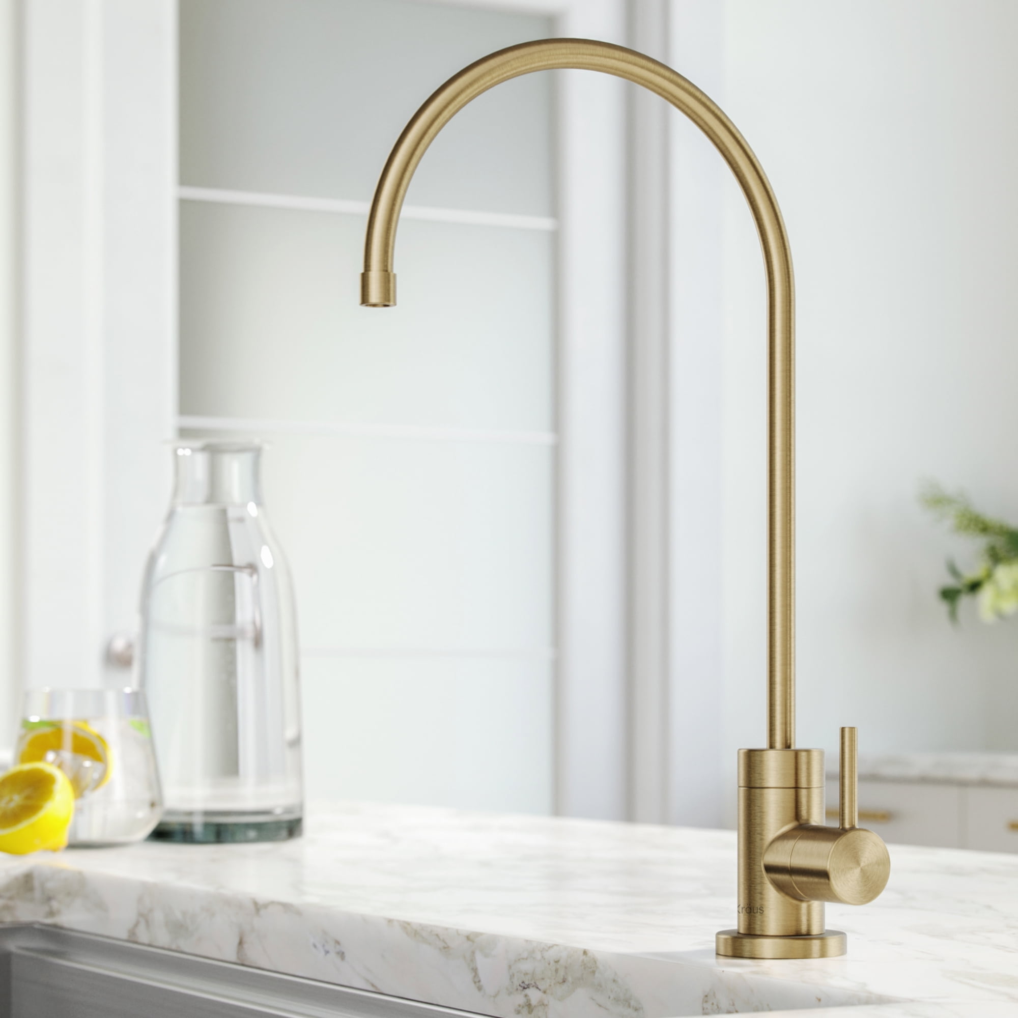 Brushed Gold Kitchen Sink Faucet Pull Out 3 in 1 High Arc Water Filter Purifier 