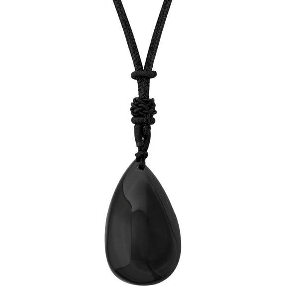 Black Obsidian Teardrop Pendant Necklace with Braided Cord, Fashion Statement Jewelry Gift for Men and Women