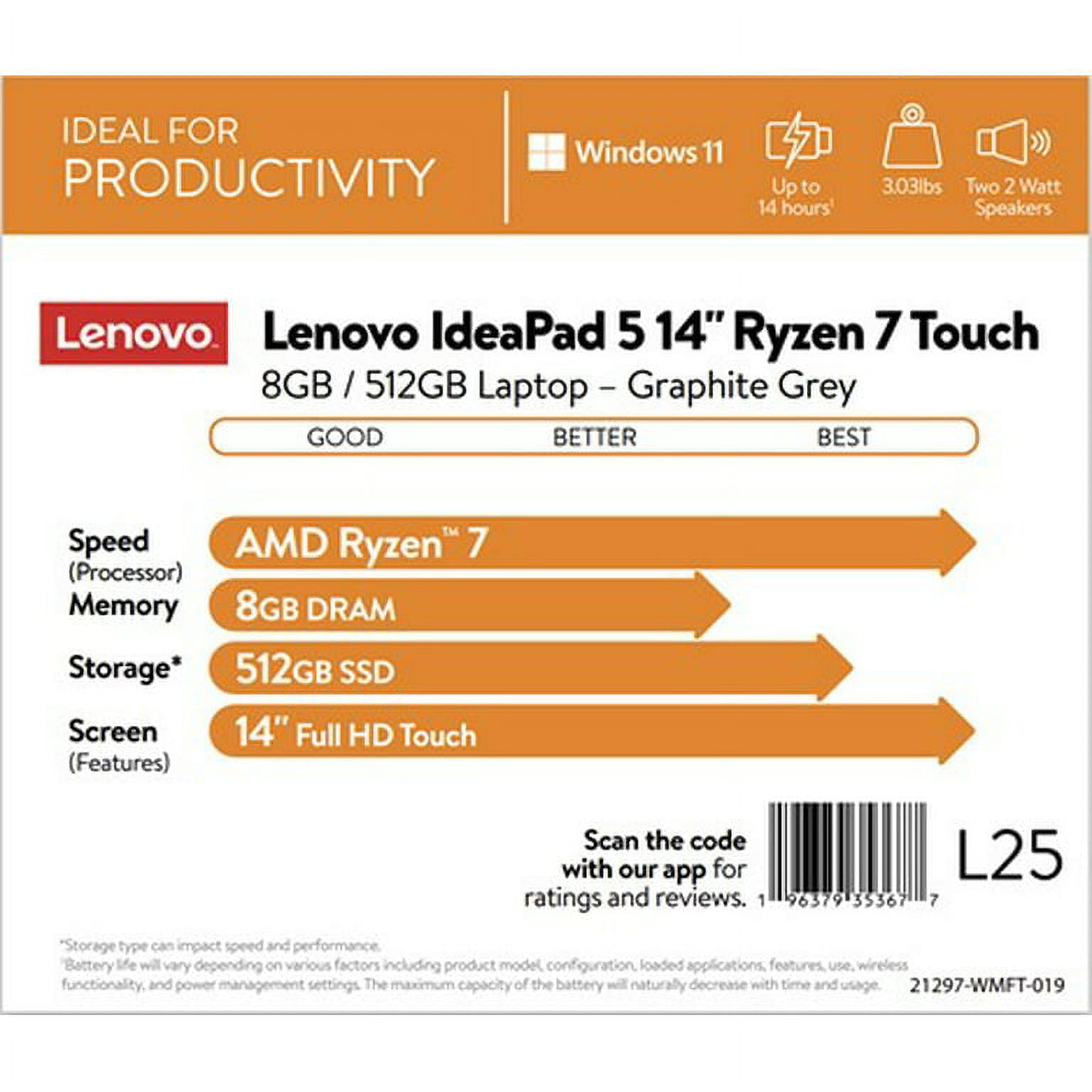 Lenovo Ideapad 5 14" 1080p Touchscreen Laptop, AMD Ryzen 7 5700U, 8GB RAM, 512GB SSD, Windows 11 Home, Backlit Keyboard,Graphite Grey with Tigology Accessories