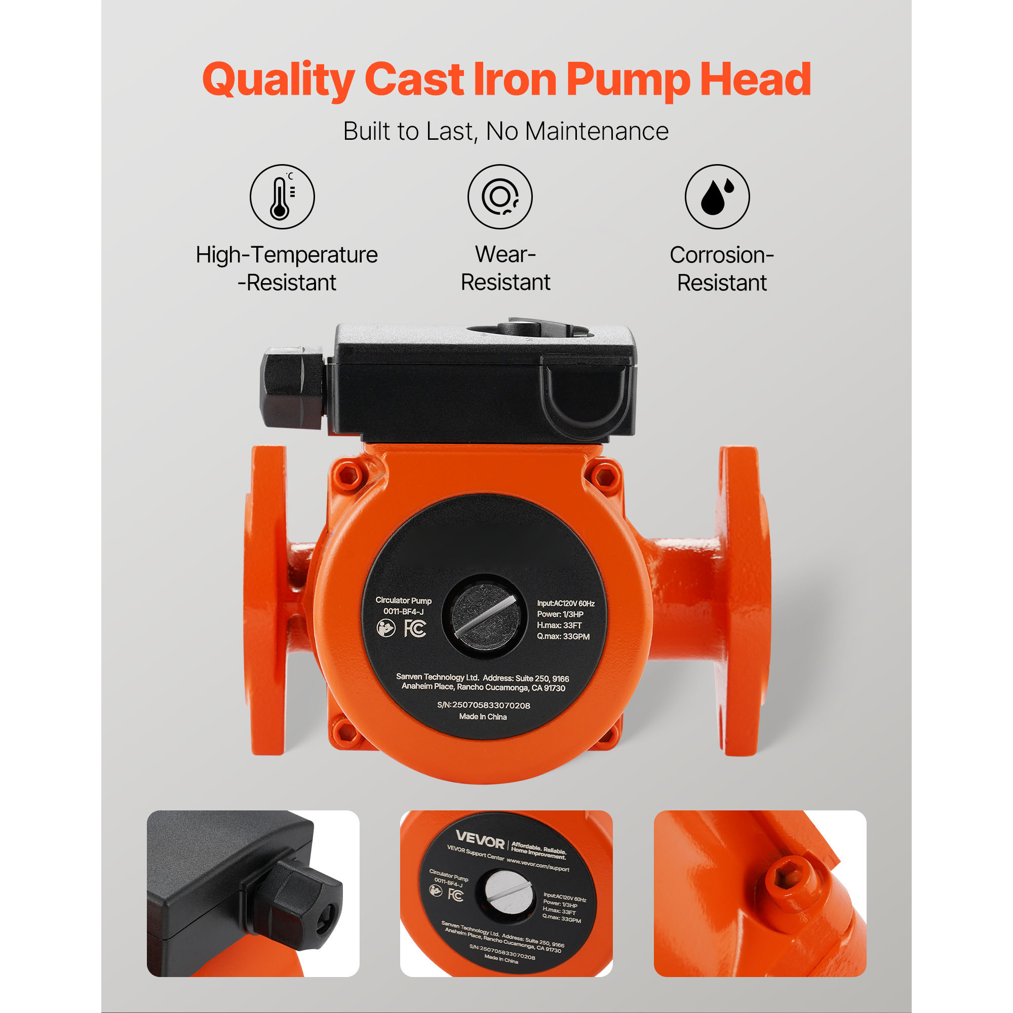 KFFKFF Cast Iron Circulator Pump, 33 GPM, AC 120V, 33 ft Hot Water Recirculation Pump, 1-1/4 in Flange Connection, 3-Speed Settings, Low-Noise Design, Suitable for Home Heating Systems