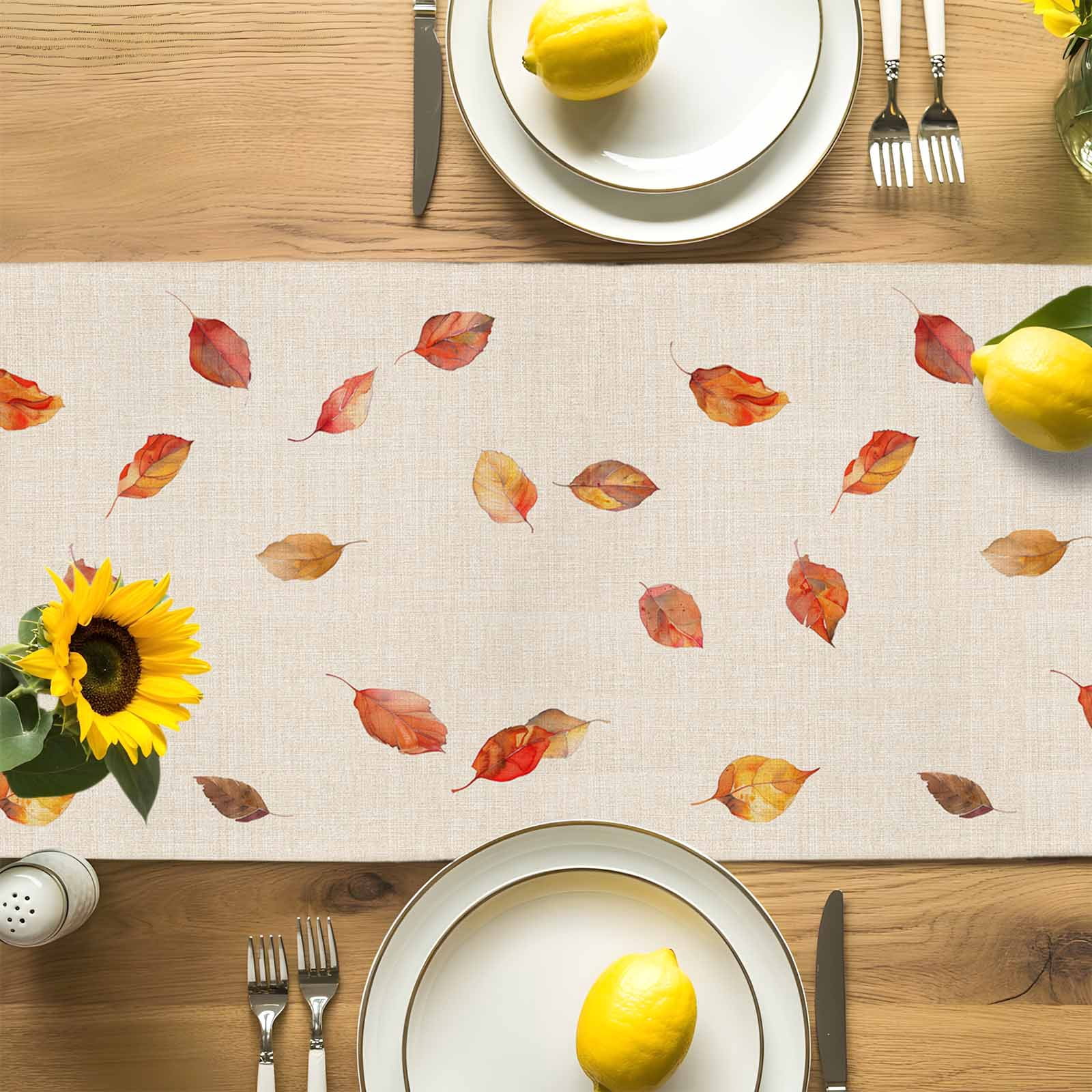 Fall Thanksgiving Hedgehog Pumpkin Table Runner 90 Inches Long, Sunflower Leaves on Flax Table Runners Tabletop Scarf Kitchen Dining Tables Decoration for Home Party Indoor Outdoor