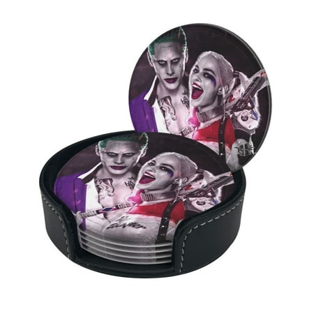 

Harley Quinn And Joker Round Coaster Set Of 6 Tabletop Protection Mats Leather Drink Cup Coasters Kitchen Coffee Decor