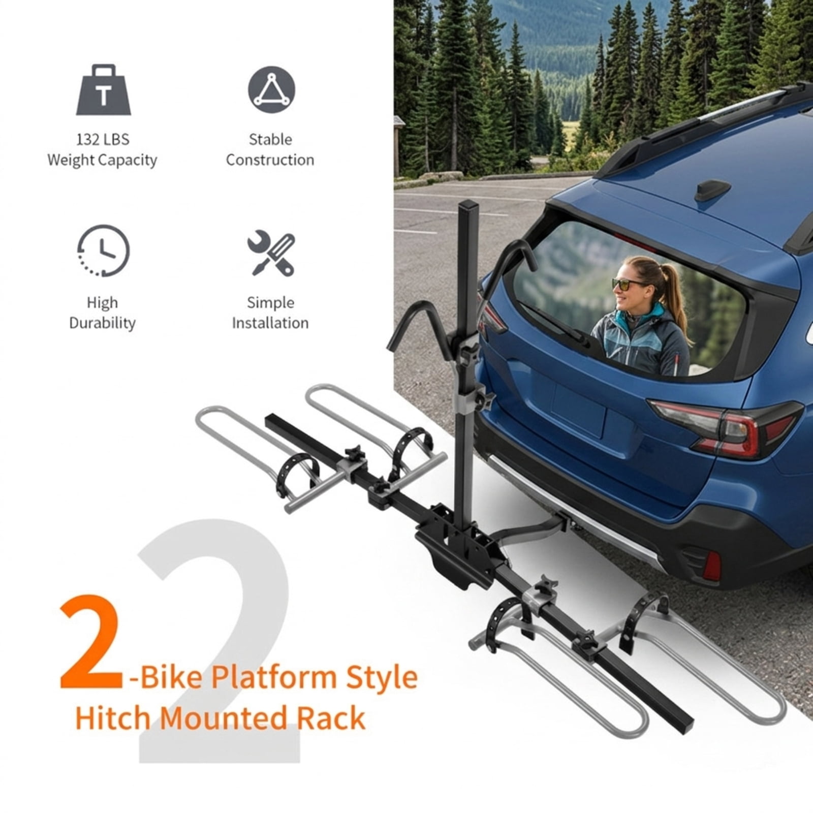 Biotree 2-Bike Hitch Mount Bike Rack, Foldable Platform Bike Carrier 132 LBS for 1-1/4" and 2" Receiver, Adjustable Holders for SUV Truck, Black/Gray