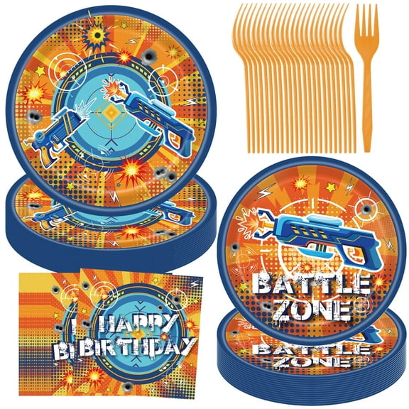 JESTAR 96 Pcs Dart War Birthday Party Supplies Gun Game Theme Tableware Set Nerf Paper Plates and Napkins Dart Battle Gunfight Game Decorations Gun Happy Party Favors for Boys Serves 24