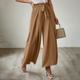 thumbnail image 5 of Women Boho Pleated Wide Leg Pants Solid Ruffle Bow Tie Elastic High Waist Split Flowy Culottes Palazzo Dress Pants Office Beach(M,Brown), 5 of 7