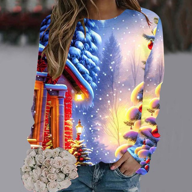 Qiopertar Mode Femmes Imprimé Col Rond Pull Manches Longues Blouse Confortable Chandail en Molleton Liquidation Livraison Gratuite à Moins de 5$ jusqu'à 90 % de Réduction